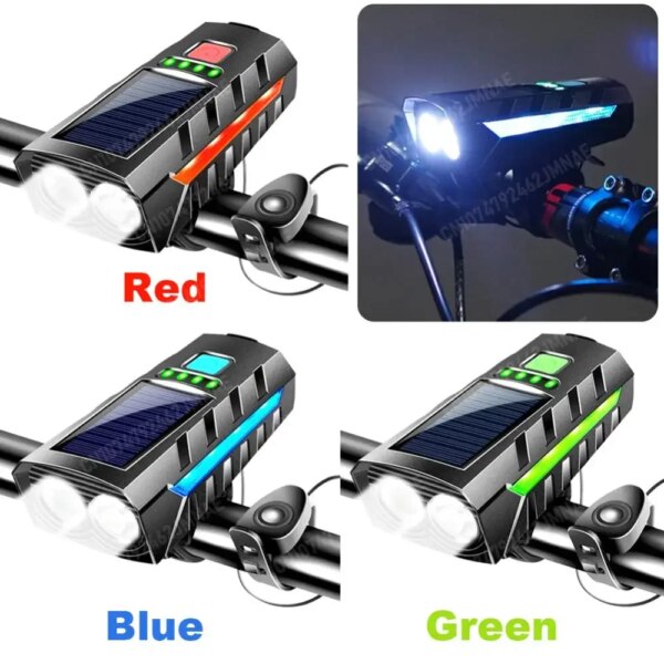 Faro de bicicleta con energía Solar, linterna LED recargable por USB para ciclismo, pantalla de energía, Luz De Carretera, accesorios para bicicleta