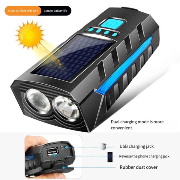 Luz LED de energía Solar para bicicleta, lámpara frontal recargable por USB para bicicleta de montaña y carretera, linterna de Luz De Carretera de 2400mAh, accesorios para bicicleta