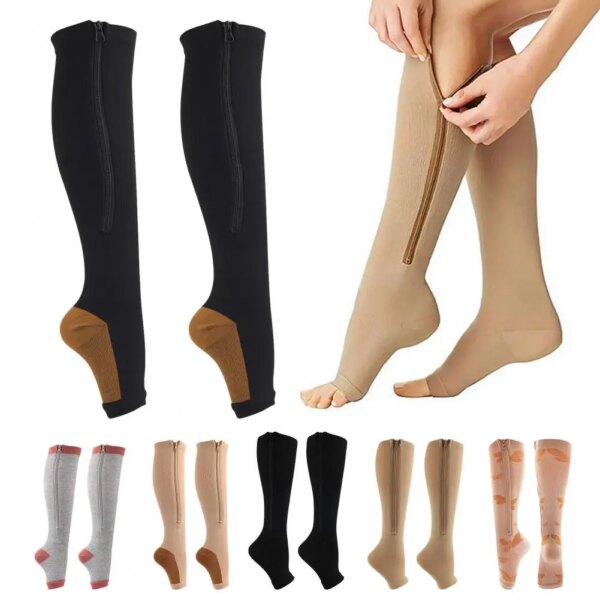 Calcetines deportivos medias de compresión médica calcetines deportivos de presión calcetines largos de ciclismo con cremallera soporte profesional para piernas calcetines gruesos para mujer