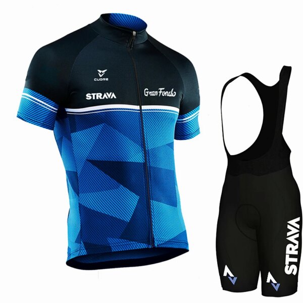 Strava-Conjunto de Jersey de ciclismo para hombre, Maillot de ciclismo, camiseta de verano, pantalones cortos con pechera, traje de triatlón, ropa para bicicleta de montaña