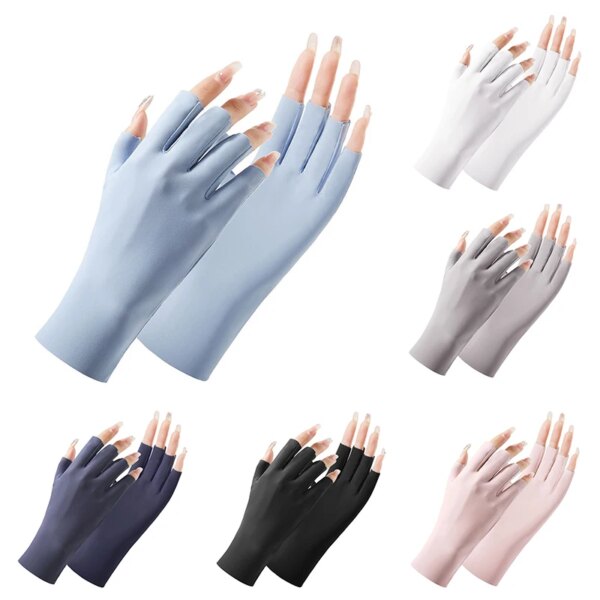 Guantes de seda helada de verano para mujer, guantes finos transpirables sin dedos, guantes para conducir al aire libre, manoplas protectoras solares