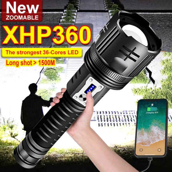 Super XHP360, la linterna Led más potente XHP360, linterna de alta potencia, linternas tácticas recargables, lámpara de Camping Usb 26650