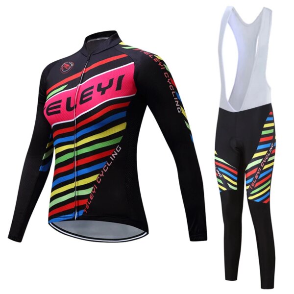 TELEYI Conjuntos de Jersey de Ciclismo para Mujer Pantalones con Pechera para Bicicleta de Manga Larga con Almohadilla de GEL 3D Negro Rosa