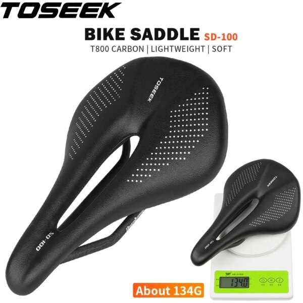 TOSEEK-sillín totalmente de carbono para bicicleta de montaña/carretera, sillín de 143/155MM, cojines de cuero y carbono súper ligeros, solo 135g, rieles de carbono, asiento de bicicleta