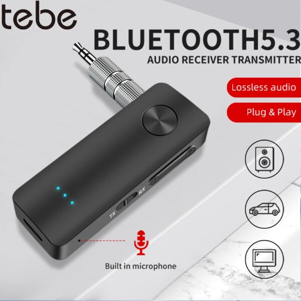 Tebe 2 en 1 Aux Bluetooth 5,3 transmisor receptor de Audio adaptador inalámbrico de Audio y música con Clip Kit de manos libres para coche para altavoz de TV