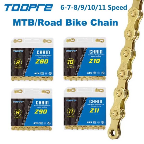 Toopre-piezas de cadena para bicicleta de montaña, cadena de bicicleta de montaña de 6, 7, 8, 9, 10, 11 y 12 velocidades, 116L, eslabón faltante dorado, chapado completo, antioxidante