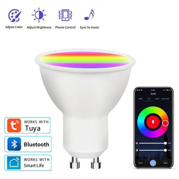 Bombilla inteligente Tuya con Bluetooth GU10 RGB CW, lámpara LED deportiva de 5W, Control por aplicación regulable para decoración del hogar y la habitación Smart Life