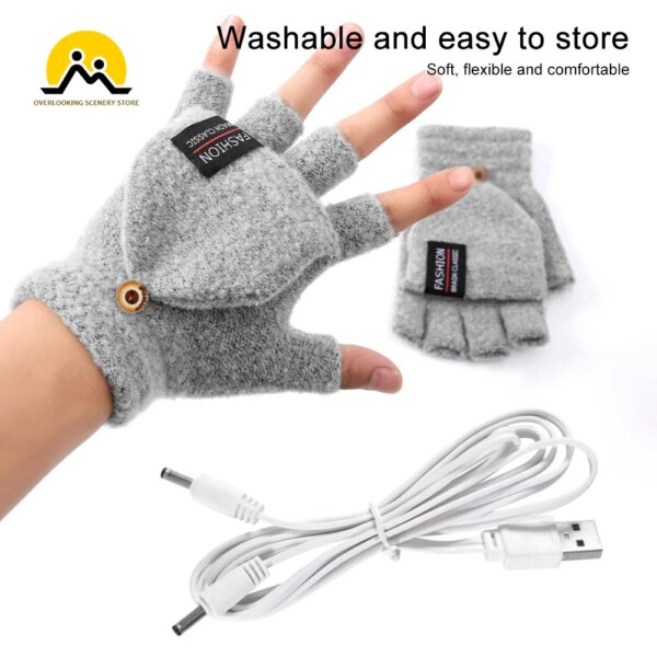 Guantes calefactables eléctricos con USB, guantes convertibles sin dedos con calefacción de 2 lados, mitones de punto, calentador para manos portátil con calor ajustable