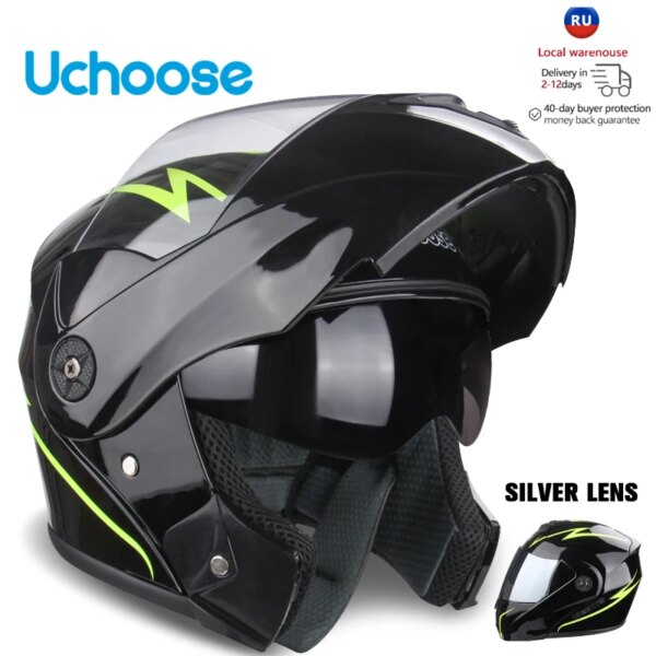 Uchoose Casco de motocicleta unisex con certificación DOT, casco de sección transversal de doble lente, casco modular de seguridad con visera