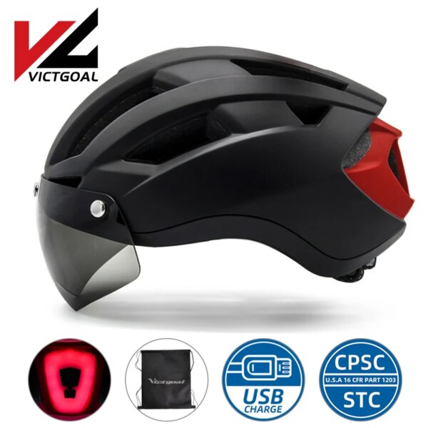 VICTGOAL-Cascos de bicicleta con visera, luz recargable por USB, para ciclismo de montaña o de carretera, para adultos y hombres y mujeres