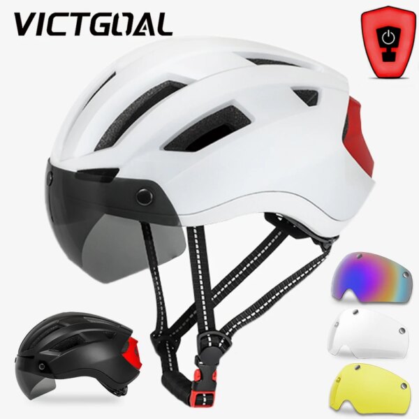 VICTGOAL MTB casco de bicicleta hombres adultos gafas lente casco de ciclismo luz LED montaña carretera Scooter carreras cascos de seguridad en bicicleta