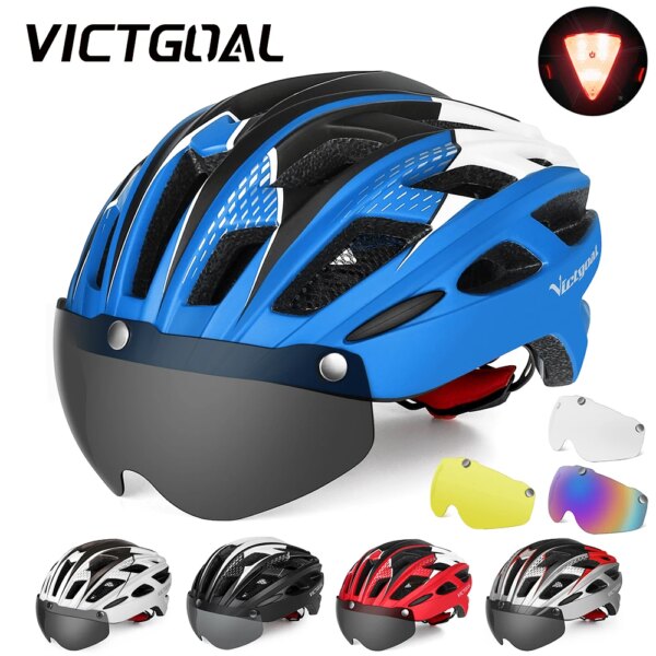 VICTGOAL-casco de bicicleta de montaña para hombre y mujer, gafas con lentes, cascos de bicicleta de carretera con luz trasera LED, cascos de seguridad en ciclismo de montaña