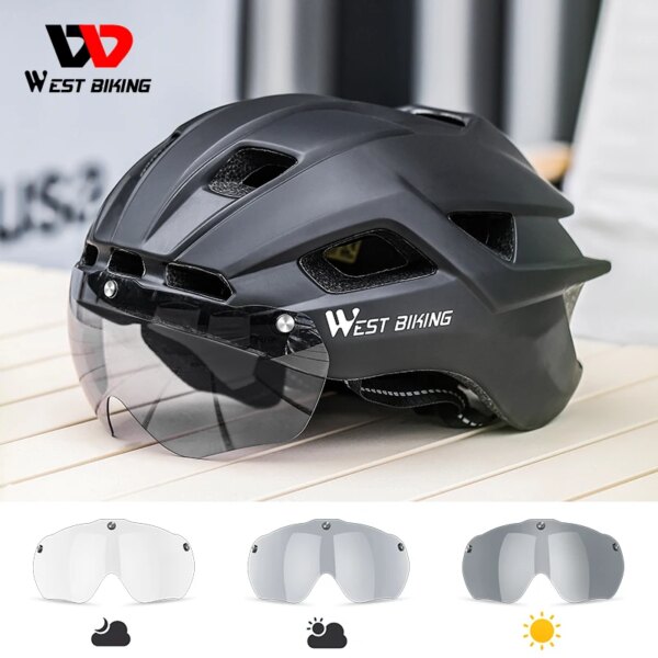 WEST BIKING-casco de ciclismo con gafas con luz LED, lentes fotocromáticas, gorra segura para bicicleta de montaña o carretera