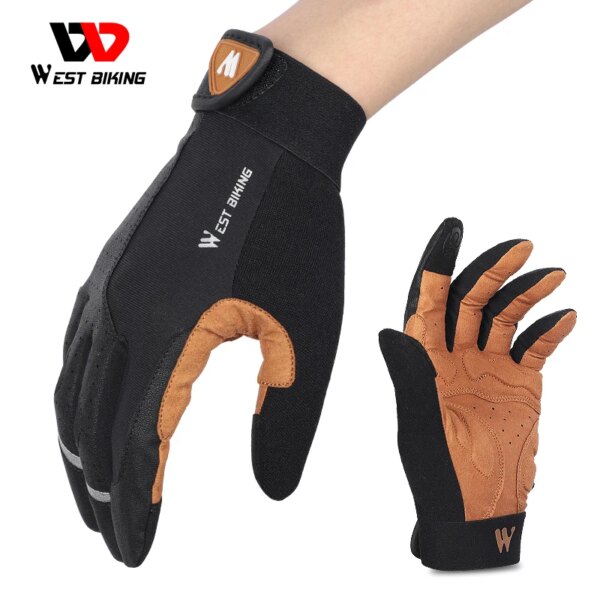 WEST BIKING-guantes de bicicleta para hombre, antideslizantes, con dedos completos, reflectantes, transpirables, para gimnasio y deportes