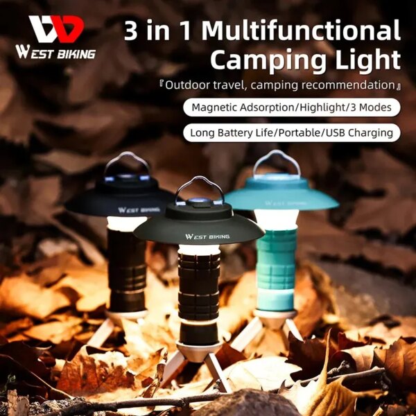 WEST BIKING-luz de Camping portátil 3 en 1, linterna LED multifuncional para exteriores, lámpara colgante de emergencia con carga USB, luz para tienda