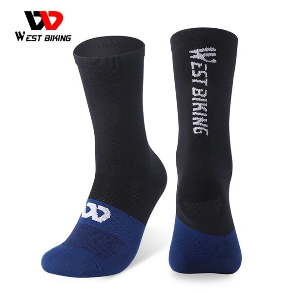 Calcetines de ciclismo profesionales WEST BIKING, calcetines largos deportivos transpirables de bloque de Color, calcetines de compresión antideslizantes para bicicleta MTB, calcetines de fútbol