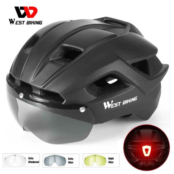 WEST BIKING-casco de bicicleta ultraligero con gafas de luz trasera, gorro de seguridad en ciclismo integrado para hombre y mujer, casco para bicicleta o motocicleta