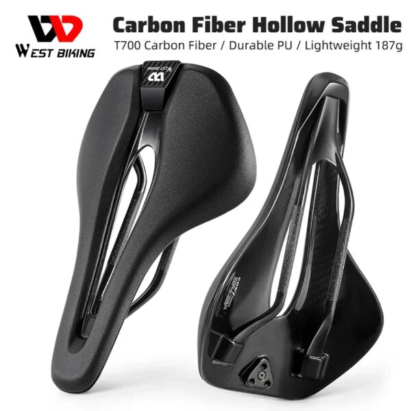 WEST BIKING-sillín ultraligero de fibra de carbono T700, cómodo asiento de PU para bicicleta de carretera, pantalones cortos con nariz hueca