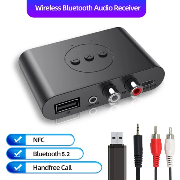 Receptor de Audio inalámbrico Bluetooth 5,2 NFC Adaptador de Audio U Disk RCA 3,5mm AUX Jack receptor de música estéreo amplificador de altavoz para coche