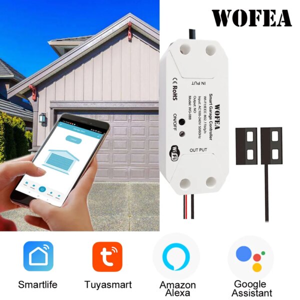 Wofea Tuya Smart WIFI 2,4G controlador de apertura de puerta de garaje abrir y cerrar mediante aplicación de teléfono No necesita Hub Compatible con Alexa y Google Home