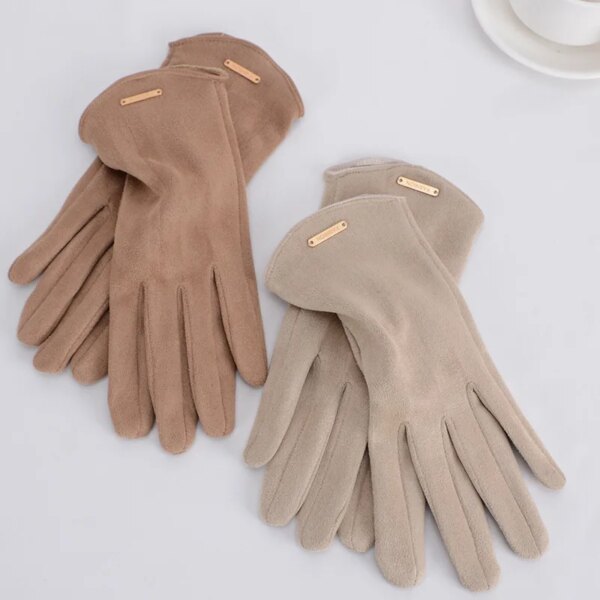 Mujeres Otoño Invierno mantener caliente pantalla táctil fino liso Simple guantes ciclismo conducir tela de gamuza elegante a prueba de viento