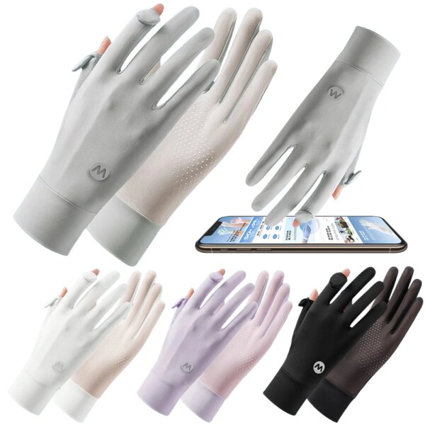 Guantes de protección solar UV para mujer, guantes de conducción con pantalla táctil y dedos completos, guantes transpirables de seda helada para ciclismo, antideslizantes para verano