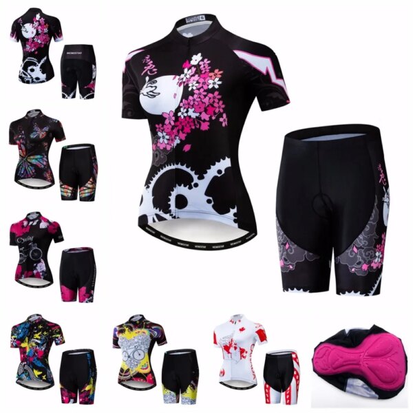 Conjunto de Jersey de Ciclismo para mujer 2019, Jersey de bicicleta, pantalones cortos, traje de verano para carretera, MTB, parte superior de bicicleta, Maillot profesional, Ropa de Ciclismo, flor rosa