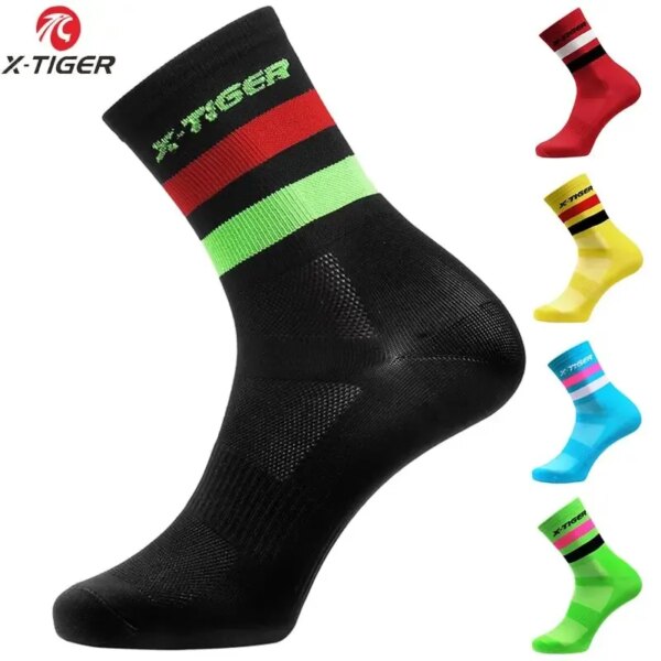 Calcetines de ciclismo X-TIGER para hombre, calcetines deportivos profesionales antideslizantes transpirables, calcetines para correr al aire libre, bicicleta, senderismo, baloncesto