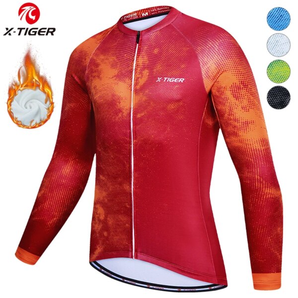 X-TIGER Jersey de ciclismo para hombre, camiseta térmica de invierno de manga larga para ciclismo con 4 bolsillos traseros, ropa de lana para bicicleta Jeresy