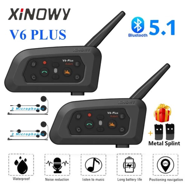 XINOWY V6 Plus Casco de motocicleta Auricular Bluetooth Intercomunicador 1200M Interphone Communicator Impermeable 6 jinetes