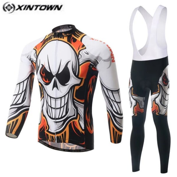 XINTOWN-Camiseta de ciclismo de montaña con calavera blanca para hombre, conjuntos de pantalones con pechera, ropa de ciclismo profesional de dibujos animados, ropa de montar, camisas de manga larga