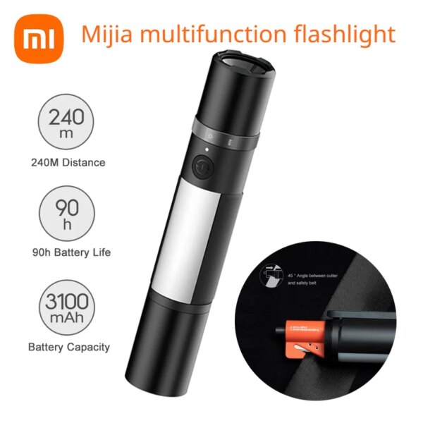 Xiaomi Mijia-linterna LED multifuncional con zoom, linterna ultrabrillante para ventana, cortador de cinturón de seguridad, luz de emergencia para coche