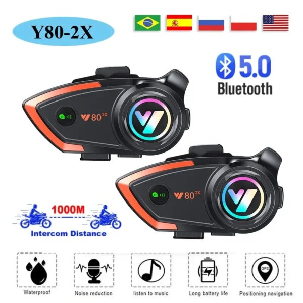 Y80 2X intercomunicador para casco de motocicleta auriculares Bluetooth V5.3 manos libres llamada inalámbrica reducción de ruido impermeable 1000M interfono