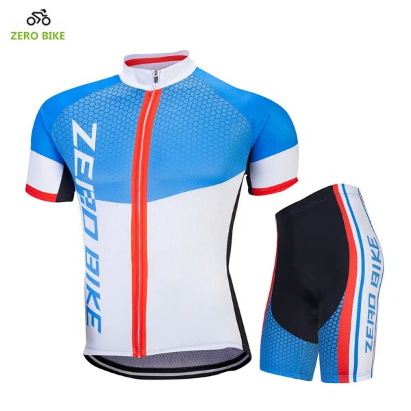 ZEROBIKE-Camiseta de Ciclismo azul de manga corta para hombre, pantalones cortos acolchados de Gel 4D, ropa de Ciclismo con cremallera completa, verano