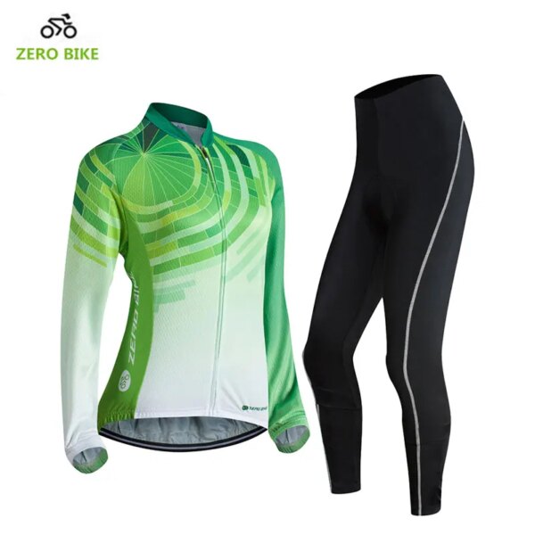 ZEROBIKE-ropa de ciclismo de manga larga para mujer, Jersey deportivo transpirable, Tops verdes, pantalones acolchados 3D