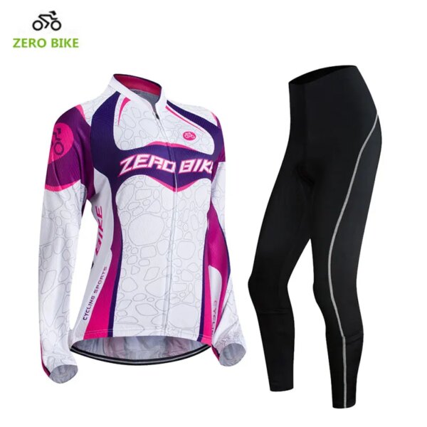 ZEROBIKE, conjunto de pantalones de Jersey de manga larga para mujer, chaqueta con cremallera completa de poliéster, pantalones acolchados, Tops deportivos, ropa de ciclismo, talla estadounidense