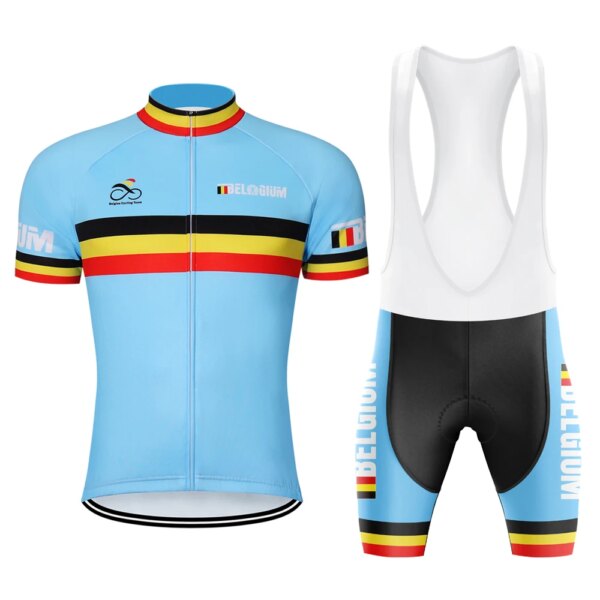 Camiseta de ciclismo de carreras de Bélgica, conjunto de manga corta para hombre, traje de bicicleta, ropa de ciclismo de montaña, mono Retro de triatlón, pantalones cortos con pechera de verano, azul