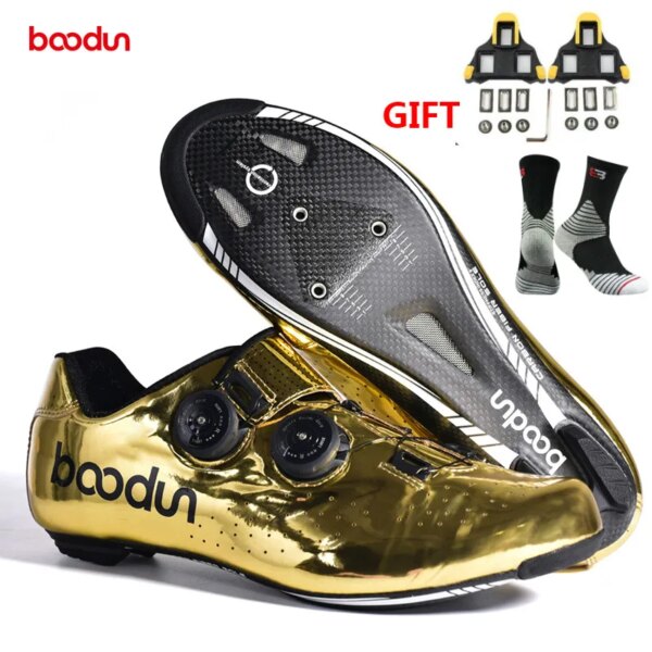 Boodun 2020 zapatos de ciclismo de carretera dorados, zapatos autoblocantes para bicicleta de carretera, zapatos de carreras profesionales ultraligeros de fibra de carbono 39-45