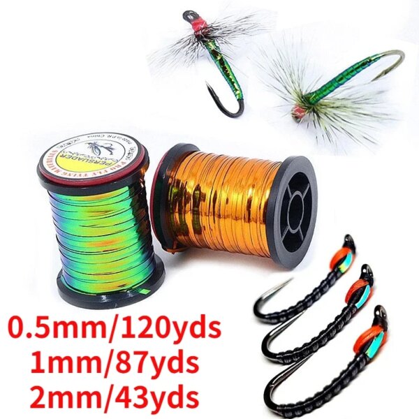 Oropel plano de dos tonos de 0,5mm - 2mm, verde pavo real/naranja, Material metálico de atado de moscas Mylar para ninfas, moscas húmedas, cebo de pesca corporal