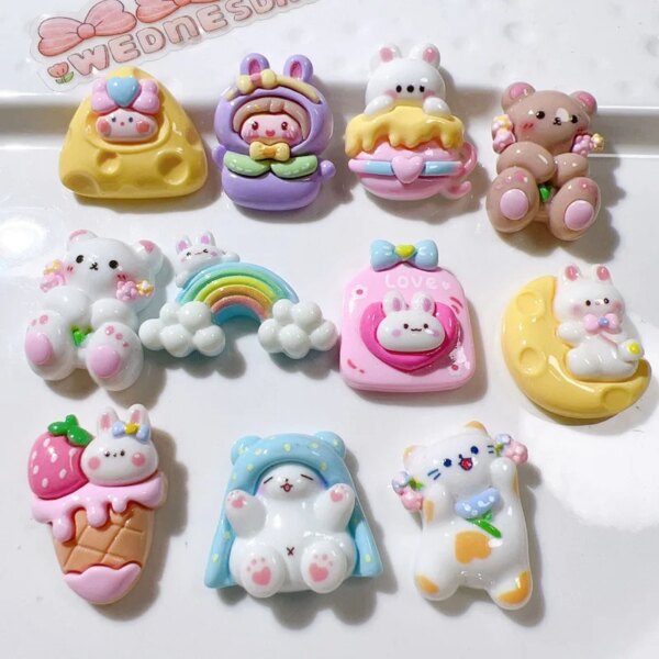 10 Uds. De Mini conejo de resina bonito, pastel de oso, serie Arco Iris, piezas de manicura con parte posterior plana, adornos para accesorios de lazos para el cabello
