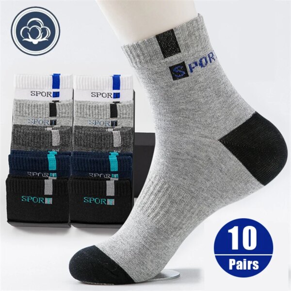 10 par/lote de calcetines deportivos para hombre, calcetines de tubo medio de algodón suave, transpirables, informales, cómodos, para ciclismo al aire libre, calcetines de baloncesto, EU38-45