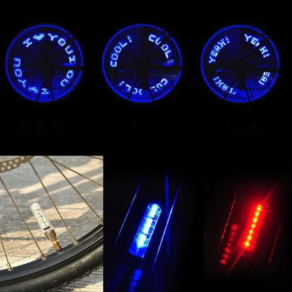 Tapas de válvula de neumático con letras, luz para rueda de bicicleta, lámpara para radios, luz LED de doble cara de 7 colores para bicicletas, motocicletas, bicicletas de montaña