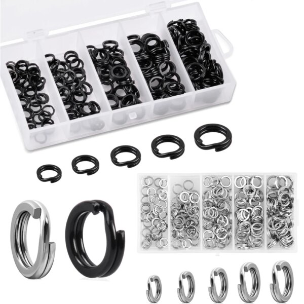 Juego de anillos divididos de 200 Uds., anillos redondos de acero inoxidable negro/plateado, plantilla de señuelo de pesca, conector giratorio para accesorios de pesca de carpa