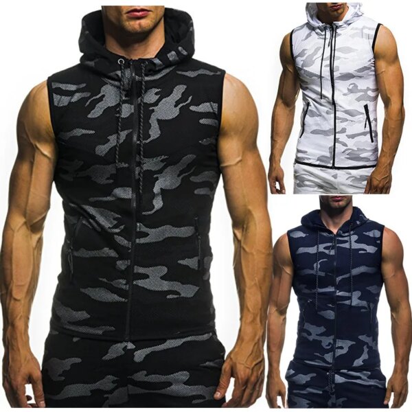 Chaleco de camuflaje para hombre, sudadera militar con capucha sin mangas, ropa de marca de moda para gimnasio, cremallera para correr, primavera y verano, novedad de 2020