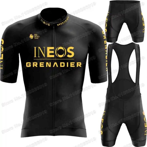 Conjunto de Jersey de ciclismo Popular Ineos Grenadier, ropa de ciclismo Dorado Negro, Kits para hombre, camisetas para bicicleta de carretera, traje, pantalones cortos con pechera, 2023