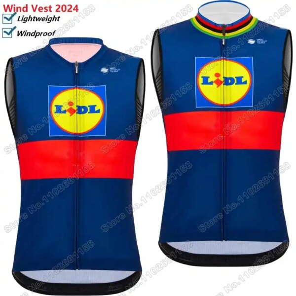 2024 Equipo Lidl Chaleco de ciclismo a prueba de viento Hombres Campeón del mundo Mads Pedersen Chaleco de viento Ciclismo Jersey Sin mangas Cortavientos para bicicleta