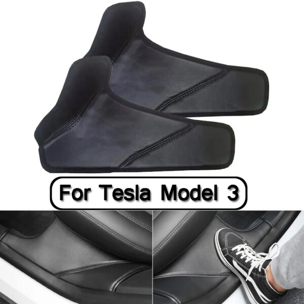 Alfombrilla de alféizar de puerta trasera para Tesla Model 3 2018, cubierta protectora de cuero para parachoques de coche, almohadilla de protección antipatadas, pegatinas de Velcro, 2 uds.