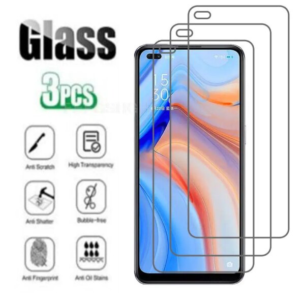 3 piezas de vidrio templado protector 9H HD para OPPO Reno4 4G 6,4 \