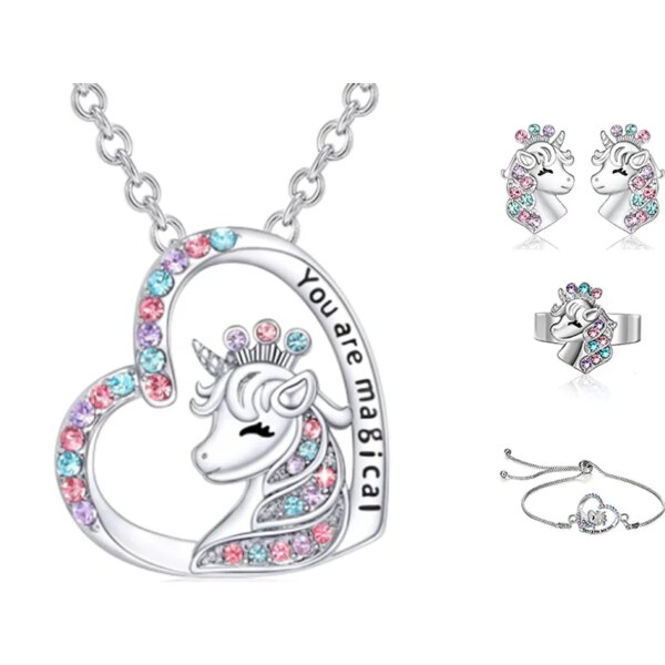 4 piezas lindo colorido cristal unicornio collar pendientes pulsera anillo para niñas conjunto de joyería regalos