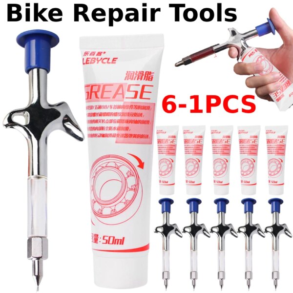 Pistola de engrase de aluminio para bicicleta de montaña, aleación de aluminio, cojinete de bicicleta, jeringa de grasa, lubricante de aceite para bicicleta, accesorios para ciclismo, 6-1 Uds.